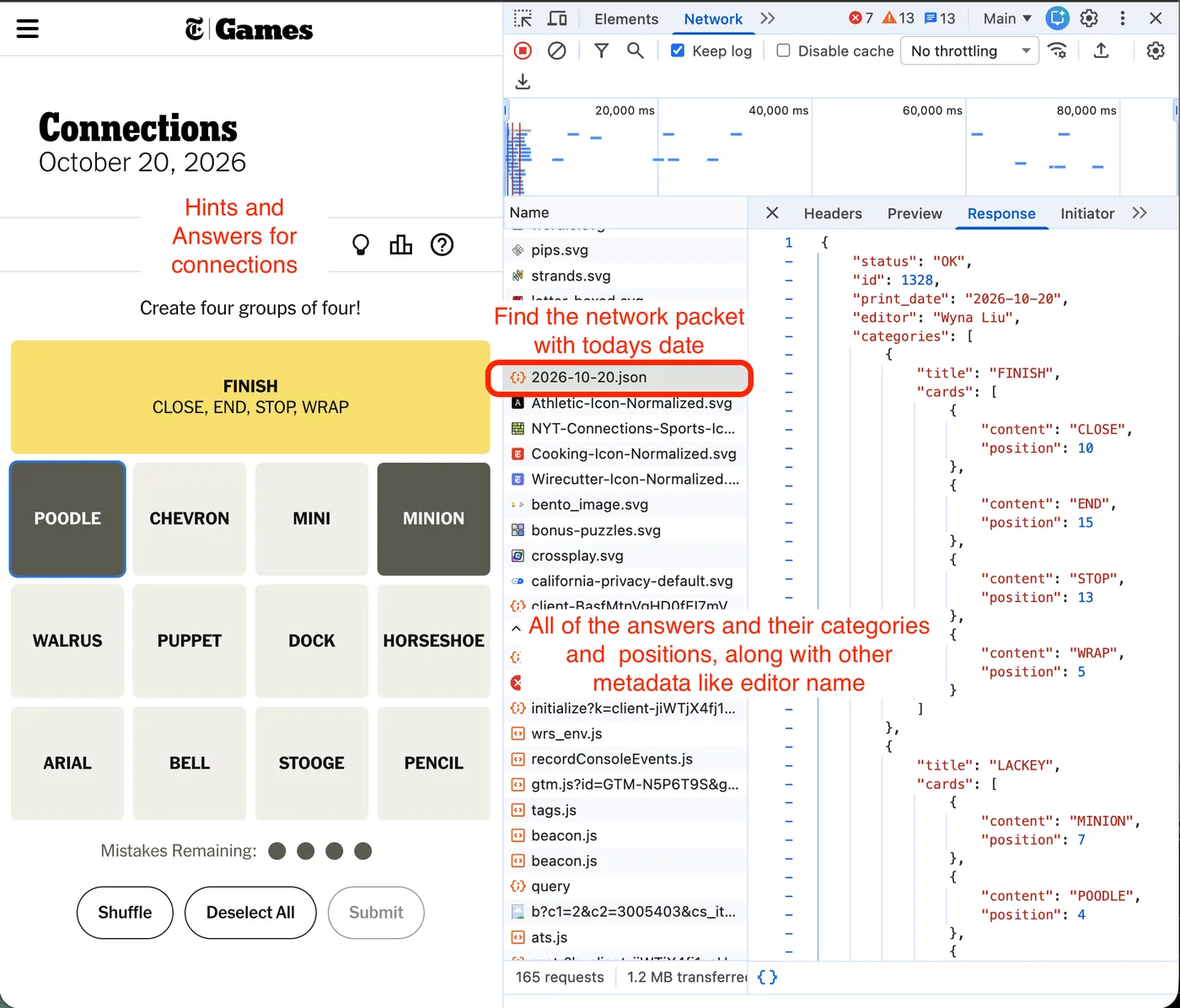 Connections next to Chrome DevTools. The dated network request is circled, and its response lists every category with its four words, their grid positions and the editor's name.